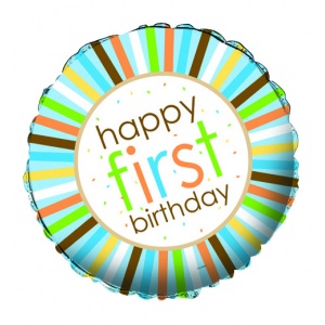 Rund turkos/flerfärgad folieballong "Happy first birthday" - 46 cm
