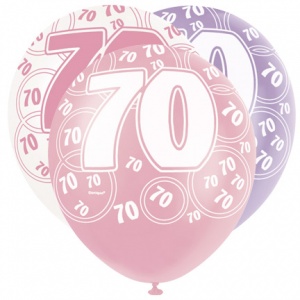 70-års födelsedagsballonger - rosa och lila - 30 cm latex - 6 st