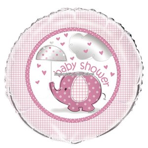 Rosa rund folieballong med söt elefant och paraply - till babyshowern - 46 cm