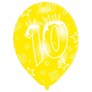 10-års födelsedagsballonger - blandade färger - 28 cm latex - 6 st