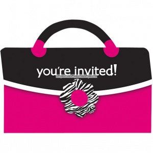 Inbjudningskort "You're invited" formad som en handväska rosa/svart - 8 st